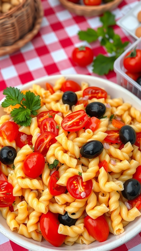 A colorful bowl of 90s pasta salad with rotini, cherry tomatoes, bell peppers, and olives, garnished with parsley on a picnic table.